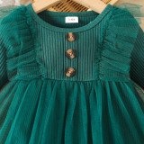 Baby Girl Spring And Autumn Style Harried Newborn Clothes Baby Girl Solid Color Ribbed Long-Sleeved Mesh Harried Dress