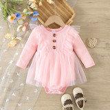 Baby Girl Spring And Autumn Style Harried Newborn Clothes Baby Girl Solid Color Ribbed Long-Sleeved Mesh Harried Dress