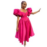 Women's Winter And Spring Fashion Square Neck Puff Sleeve Solid Color Slim Waist Maxi Dress
