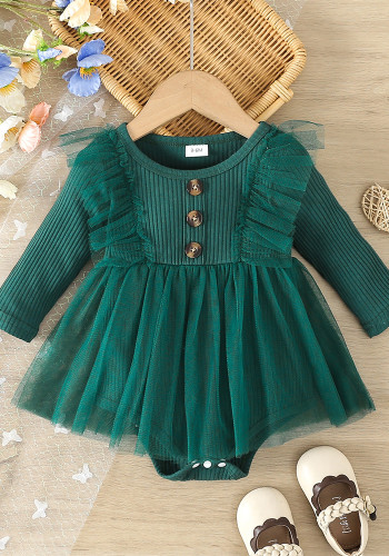 Baby Girl Spring And Autumn Style Harried Newborn Clothes Baby Girl Solid Color Ribbed Long-Sleeved Mesh Harried Dress