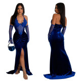 Fashion Women's Solid Color Halter Neck Slit Sexy Long Dress