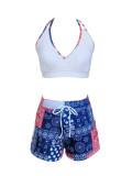 Plus Size Printed Two Pieces Bikini Beach Holidays Square Leg Shorts Three-Piece Swimsuit