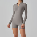 Solid Color Zipper Tight Fitting High Stretch Jumpsuit Sports Fitness Running Overalls Cargo Shorts Yoga Clothes
