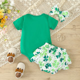 St. Patrick's Day Children's Clothing Spring Summer Style Baby Girl Clover Print Short Sleeve Bodysuit And Shorts Set