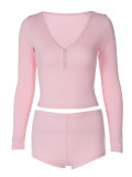 Women's Sexy V-Neck Tight Fitting Long-Sleeved Top Fashionable Sports Style Shorts Two-Piece Set