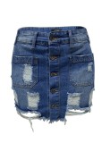 Spring Summer Women's Ripped Tight Fitting Bodycon Denim Skirt