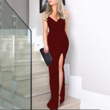 Summer Women's High Waist Sexy Fashion Straps Sequin Slit Dress