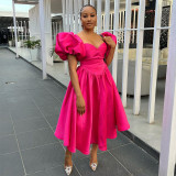 Women's Winter And Spring Fashion Square Neck Puff Sleeve Solid Color Slim Waist Maxi Dress