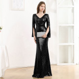 Women's Long Sleeve Formal Party Chic French Luxurious Sequined Mermaid Long Evening Dress