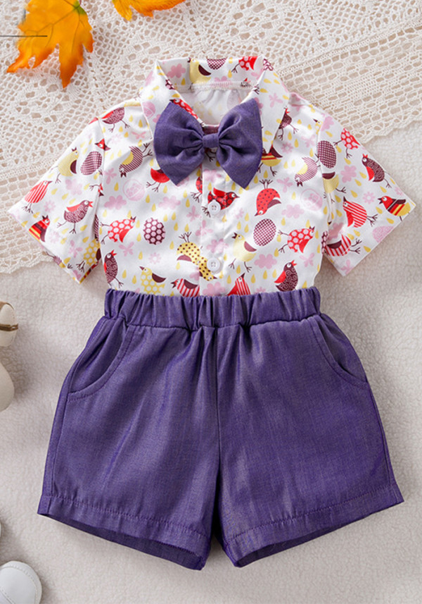 Children's Clothing Boys Cartoon Gentleman Bow Tie Shirt Shorts Suit