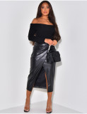 Women's Chic Pu Leatherwinter And Spring High Waist Slit Irregular Versatile Midi Skirt
