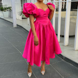 Women's Winter And Spring Fashion Square Neck Puff Sleeve Solid Color Slim Waist Maxi Dress