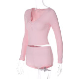 Women's Sexy V-Neck Tight Fitting Long-Sleeved Top Fashionable Sports Style Shorts Two-Piece Set