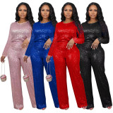 Winter And Spring Sequined Solid Color Long-Sleeved Top Trousers Two-Piece Set