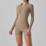 Solid Color Zipper Tight Fitting High Stretch Jumpsuit Sports Fitness Running Overalls Cargo Shorts Yoga Clothes