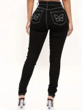 Style Streetwear Back Pocket Butterfly Embroidered Stretch Denim Pants