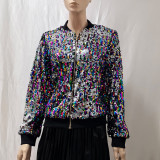 Women's Tops Fashion Color Block Sequin Style Short Zipper Jacket Coat