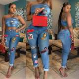 Women Sexy Cartoon Denim Top and Pant Set