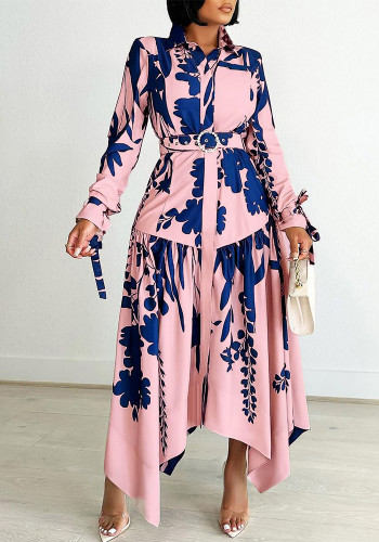 Plus Size Women Irregular Print Turndown Collar Dress