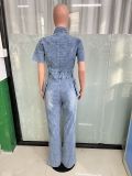 Women Stretch Wash Denim Bell Bottom Jumpsuit