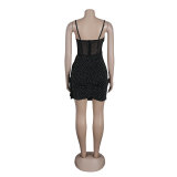Sexy Slim Beaded Patchwork Sling Pleated Bodycon Dress