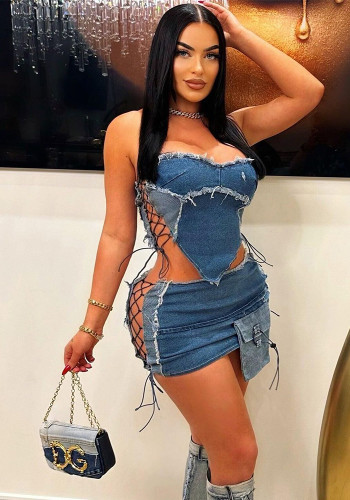 Women Chest Wrap Halter Neck Pocket Denim Two-piece Set
