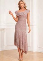 Women Elegant Slash Shoulder Zipper Symphony Dress Irregular Dress Women Elegant Slash Shoulder Zipper Symphony Dress Irregular Dress