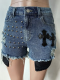 Women Stretch Beads Denim Shorts