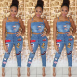 Women Sexy Cartoon Denim Top and Pant Set