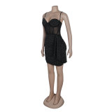 Sexy Slim Beaded Patchwork Sling Pleated Bodycon Dress