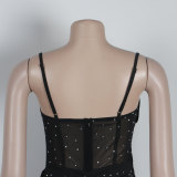 Sexy Slim Beaded Patchwork Sling Pleated Bodycon Dress