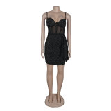Sexy Slim Beaded Patchwork Sling Pleated Bodycon Dress