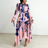 Plus Size Women Irregular Print Turndown Collar Dress