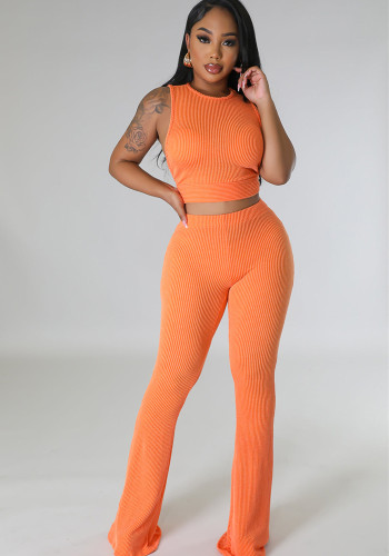 Women Casual Solid Ribbed Sleeveless Bootcut Two Piece Set