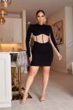 Sexy Rhinstone Patchwork Contrast Slim Waist Long Sleeve Bodycon Dress