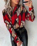 Spring Fashion Printed Long Sleeve Round Neck Button Shirt For Women