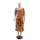Casual Chic Printed Puff Sleeve V-Neck Lace-Up Dress