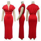 Fashionable Women's V-Neck Short-Sleeved Chic Slim-Fitting Back Slit Dress