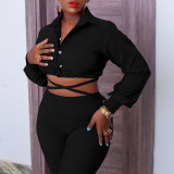 Women Plus Size Fashion Chic Turndown Collar Shirt High Waist Bell Bottom Pants Two Piece Suit