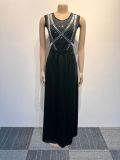 Sexy Beaded See-Through Low Back Mesh Bodysuit Slit Skirt Two-Piece Set