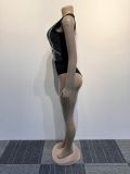 Sexy Beaded See-Through Low Back Mesh Bodysuit Slit Skirt Two-Piece Set
