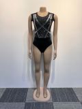 Sexy Beaded See-Through Low Back Mesh Bodysuit Slit Skirt Two-Piece Set