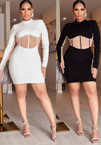 Sexy Rhinstone Patchwork Contrast Slim Waist Long Sleeve Bodycon Dress
