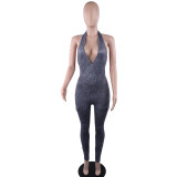 Women Sexy Backless Halter Neck V-neck Pocket Jumpsuit