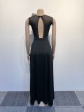 Sexy Beaded See-Through Low Back Mesh Bodysuit Slit Skirt Two-Piece Set
