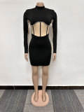 Sexy Rhinstone Patchwork Contrast Slim Waist Long Sleeve Bodycon Dress