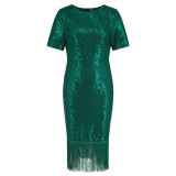 Women's Sequin Tassel Dress Sexy Party Long Gown