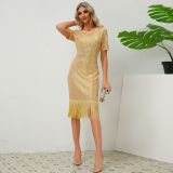 Women's Sequin Tassel Dress Sexy Party Long Gown
