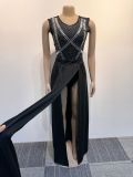 Sexy Beaded See-Through Low Back Mesh Bodysuit Slit Skirt Two-Piece Set