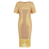 Women's Sequin Tassel Dress Sexy Party Long Gown